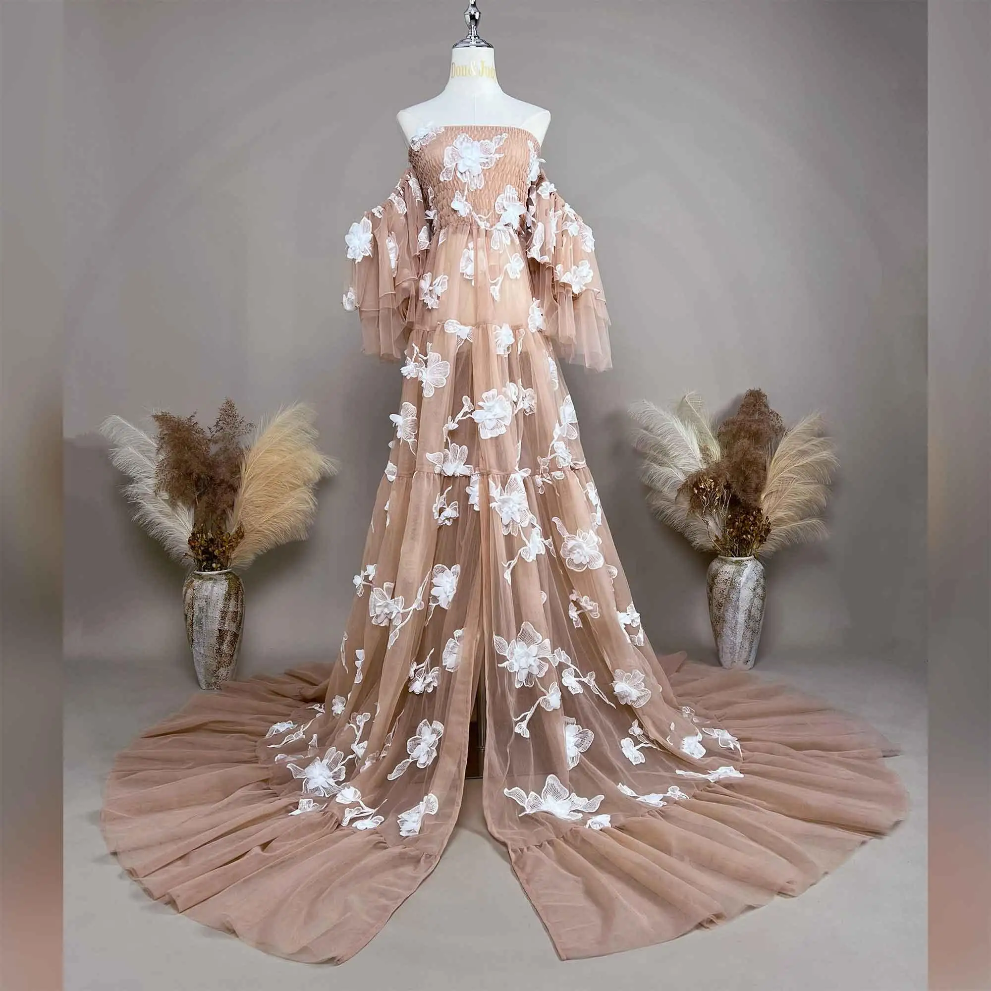 

Don&Judy Flower Embroidered Dress For Woman Front Slit Mesh Halter Top Gown Boho Style Off Shoulder Skirt Photography