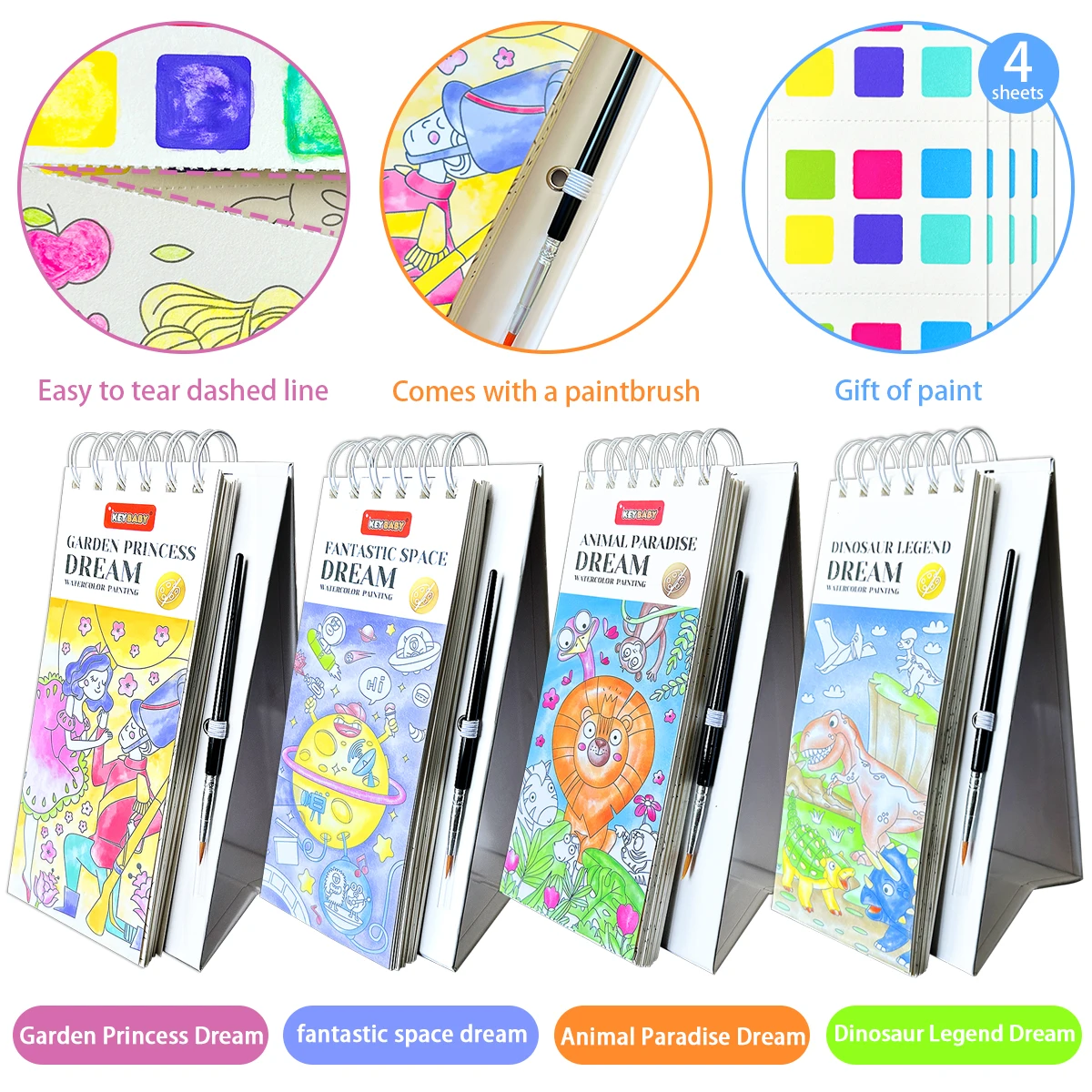 

【4 Packs 】 Children's coloring books, Space dinosaur princess Hot air balloon theme, non-toxic painting set