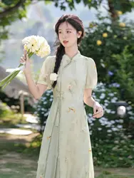 Chinese Style Temperament Chinoiserie Embroidery Dress Women Chiffon Daily Women Qipao Dress Tassel Buckle Waist Dress