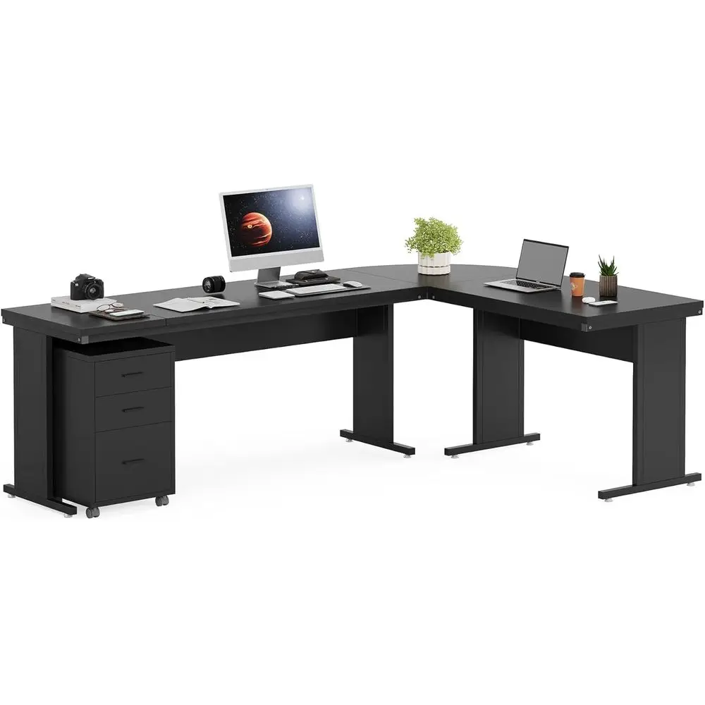 

83 L-Shaped Executive Desk with 3-Drawer Storage Cabinet, Industrial Style Office Furniture for Business or Home (Black)