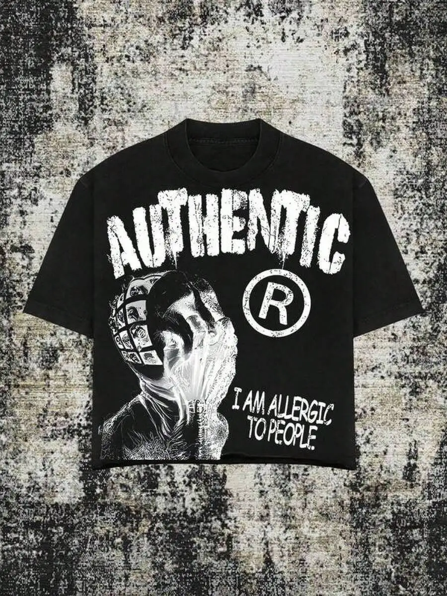 Graphic-Shirt Tees Size Plus,(220 T-Shirt)Men's Retro Graphic T - "AUTHENTIC" & "I Am Allergic To People" Slogan, Loose 100%