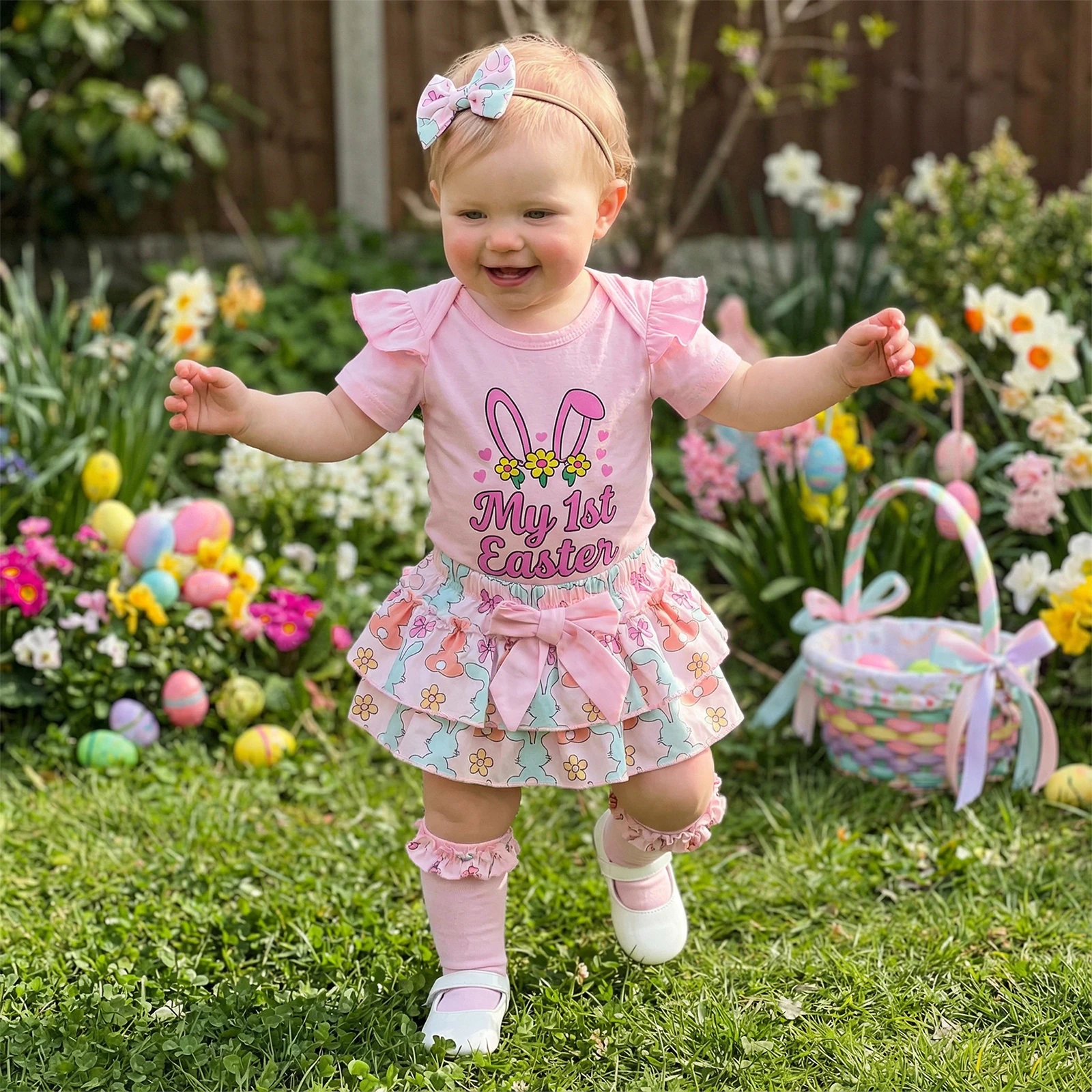 Baby Girl Easter Outfit Short Sleeve Letters Romper with Carrot/Bunny Shorts Bow Headband Socks Cute Baby Easter Costume view 2