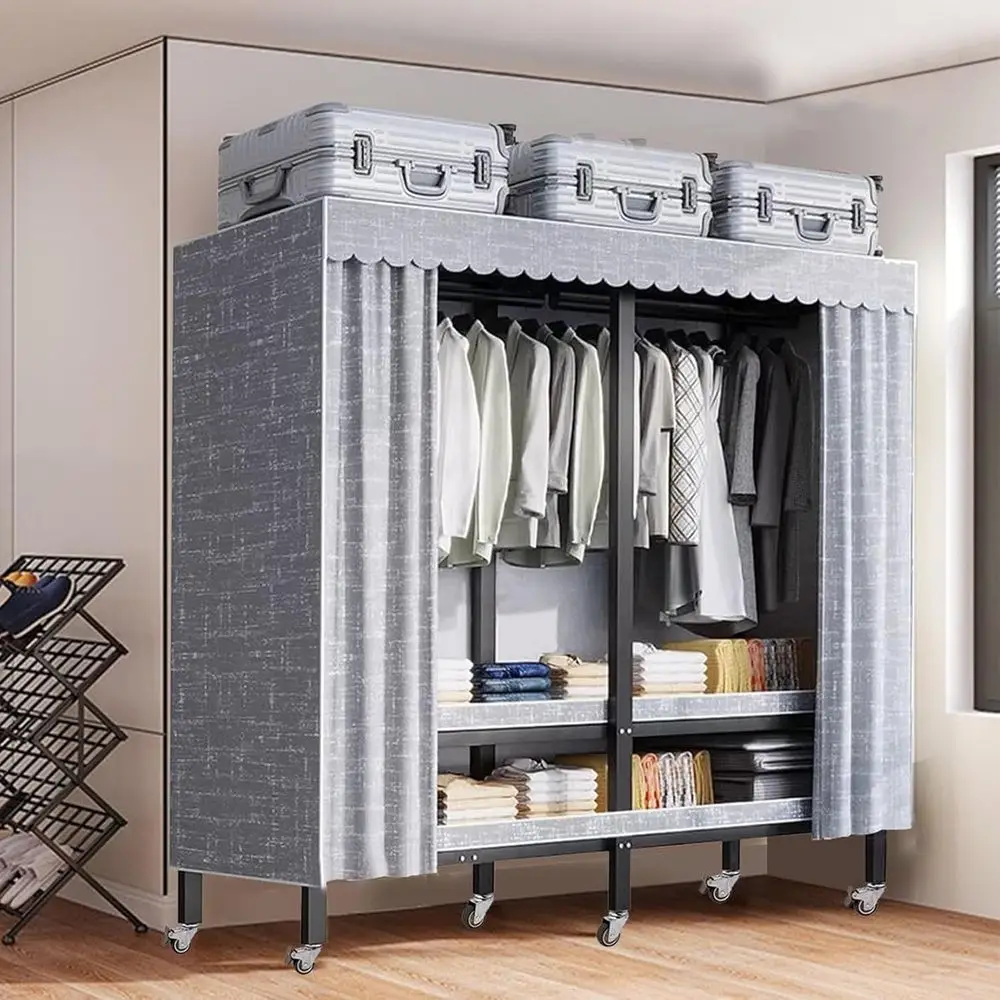 

Metal Mobile Clothes Drying Rack - abric Wardrobe Closet, With Cover And Wheels Collapsible Clothes Rack, Heavy Duty Portable Wa