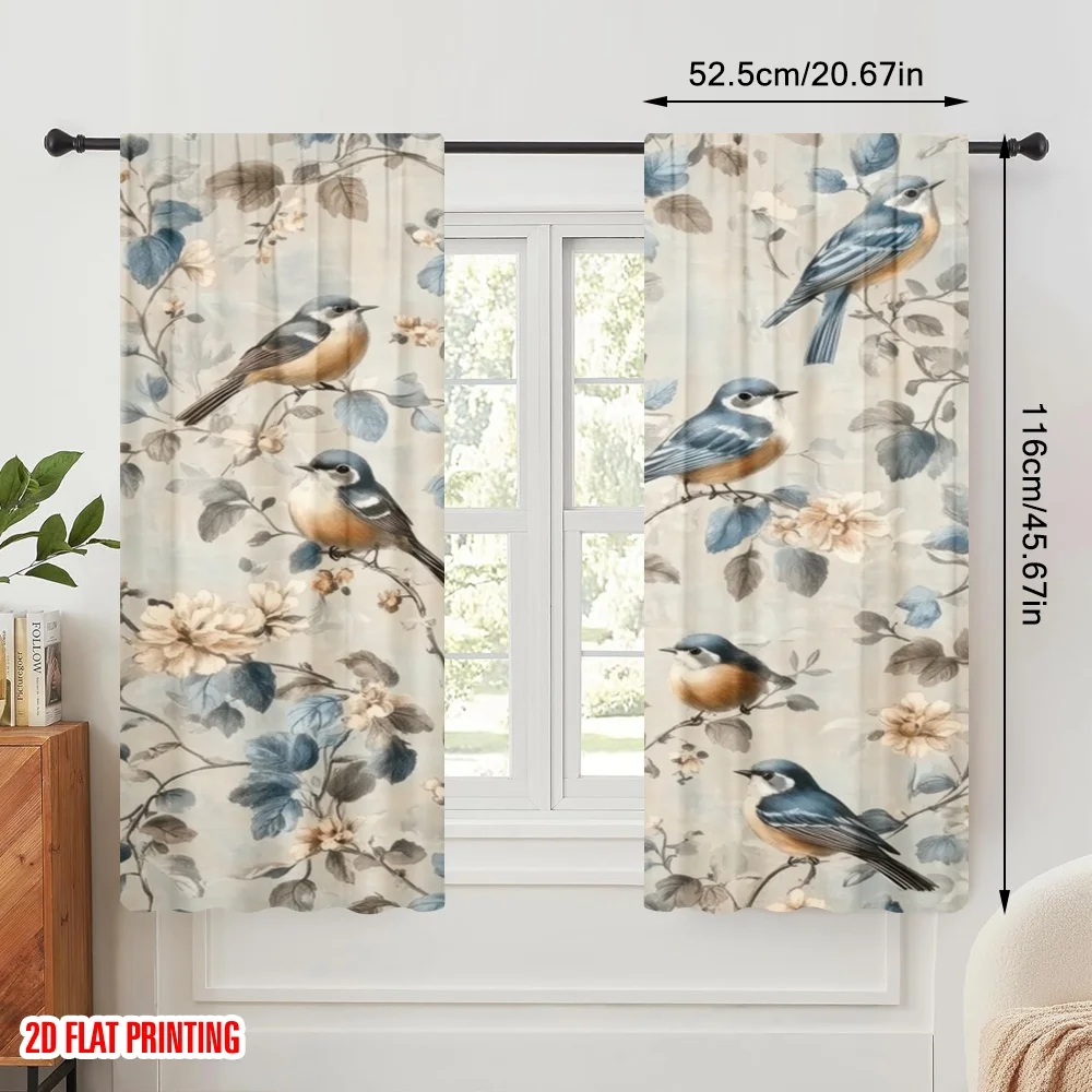 2pcs,2D plane printing Curtain Popular Vintage Bird Bliss Polyester Fabric (without rod) All Seasons for Living Room, Home