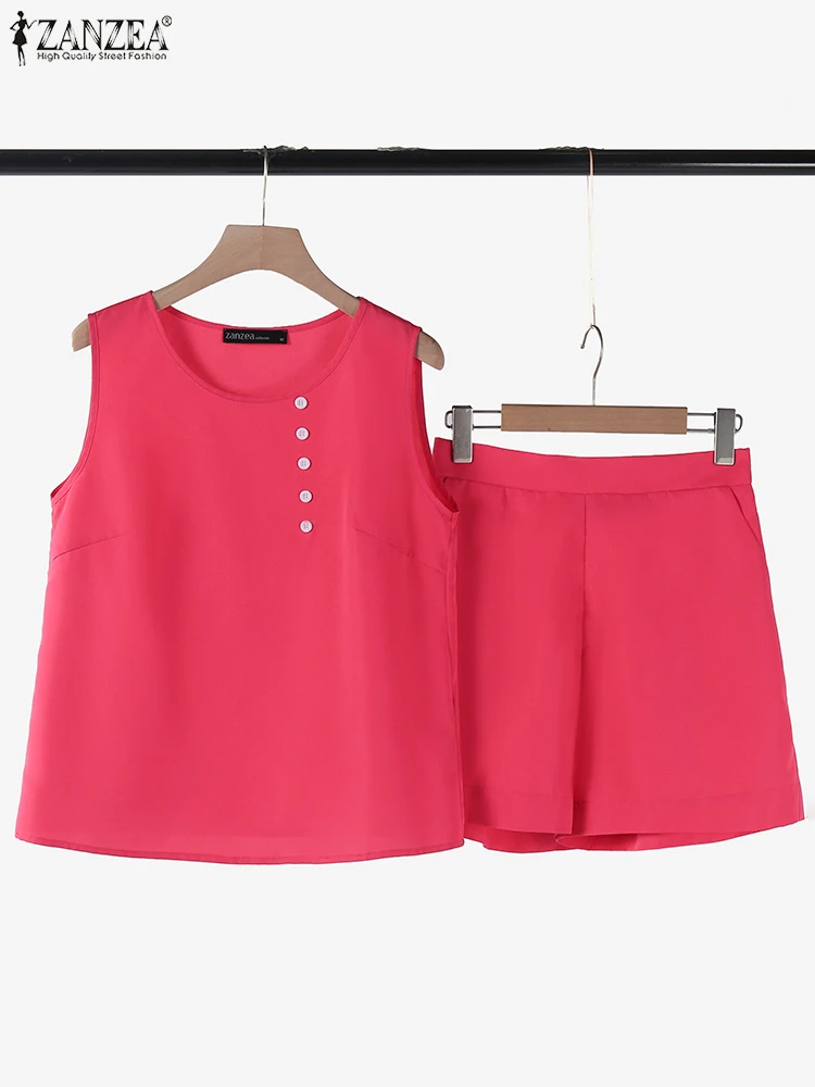 ZANZEA Women Summer Shorts Sets Casual Round Neck Vest Outfits 2024 Holiday Elastic Waist Pocket Shorts Sets Fashion 2Pcs Suit