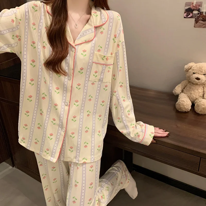 Sweet Retro-Style Rose-Print Pajamas for Women: Spring/Fall Luxury-Feel Long-Sleeve Cardigan Loungewear Set in Plus Sizes
