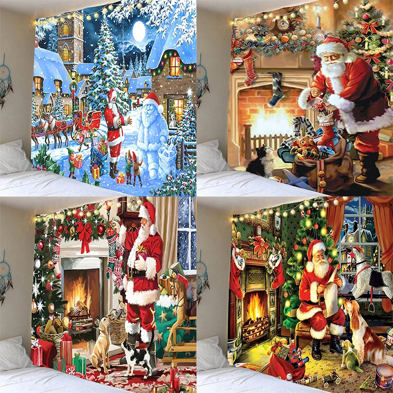 Home Decoration Christmas Tapestry Santa Claus Gift Fireplace Tapestry Wall Decor Background Cloth Living Room Room Decoration