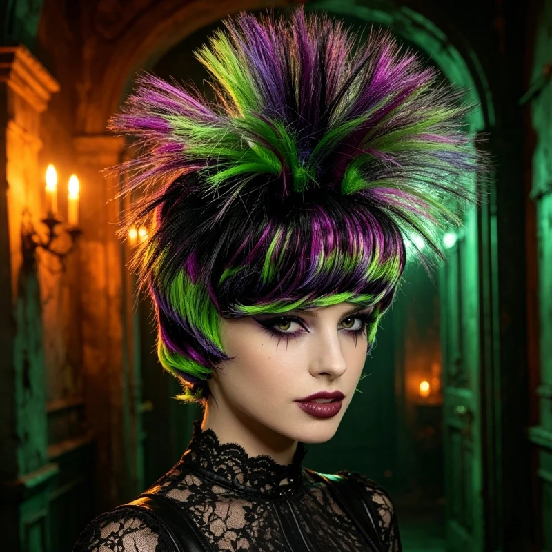 Purple Green Black Ombre Spiky Mohawk Wig Synthetic Hair Anime Halloween Carnival Cosplay Party Full Wigs for Adults Men