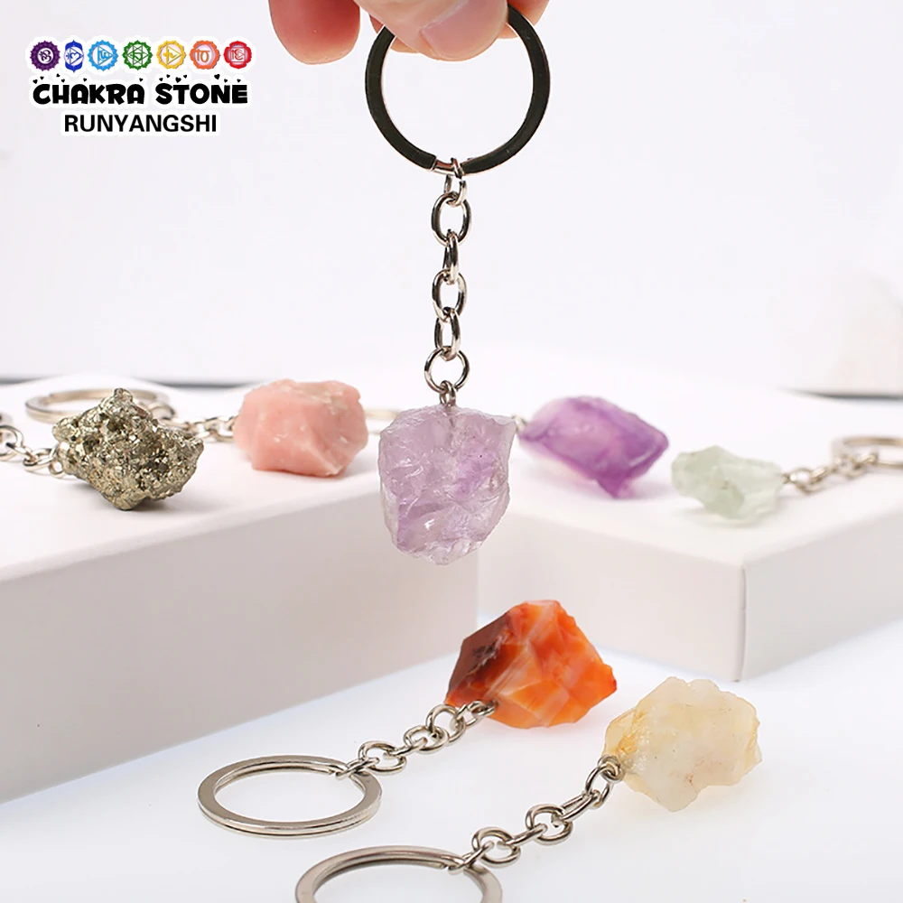 Natural Healing Crystal Irregular Rough Stone Key Chain Amethyst Rose Quartz Dangle Car Clasps Chains DIY Key Rings Jewelry Gift