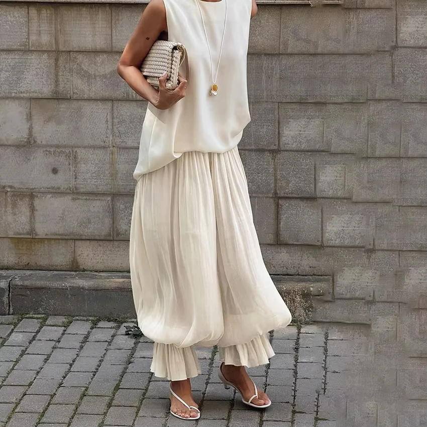 Elegant Apricot Loose Bloomers For Woman Autumn Street Chic Sheer Elastic Waist Trousers Fall Casual Flare Long Pants