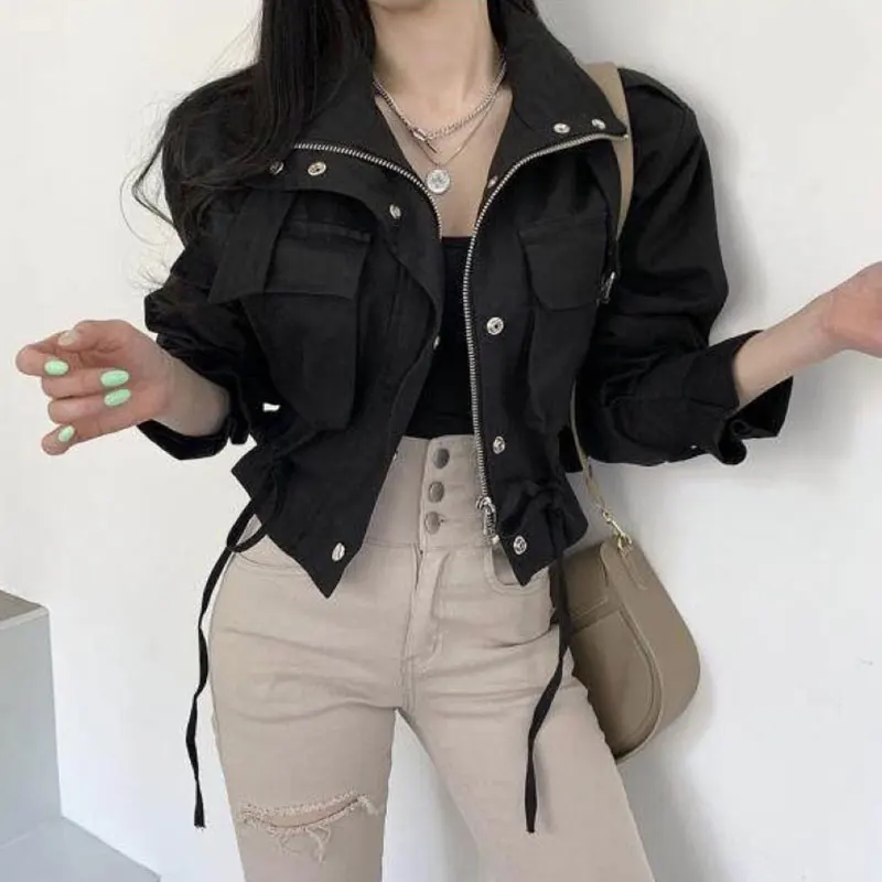 Korean Chic Safari Style Cool Cropped Jackets Women Zipper Fly Drawstring Design Short Coats Autumn 2024 New Fashion Outwears