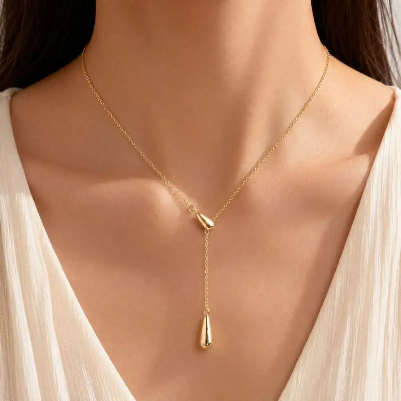 Retro Teardrop Y-Shaped Lariat Necklace Waterproof Stainless Steel No Fade Jewelry for Women Prom Party Accessory
