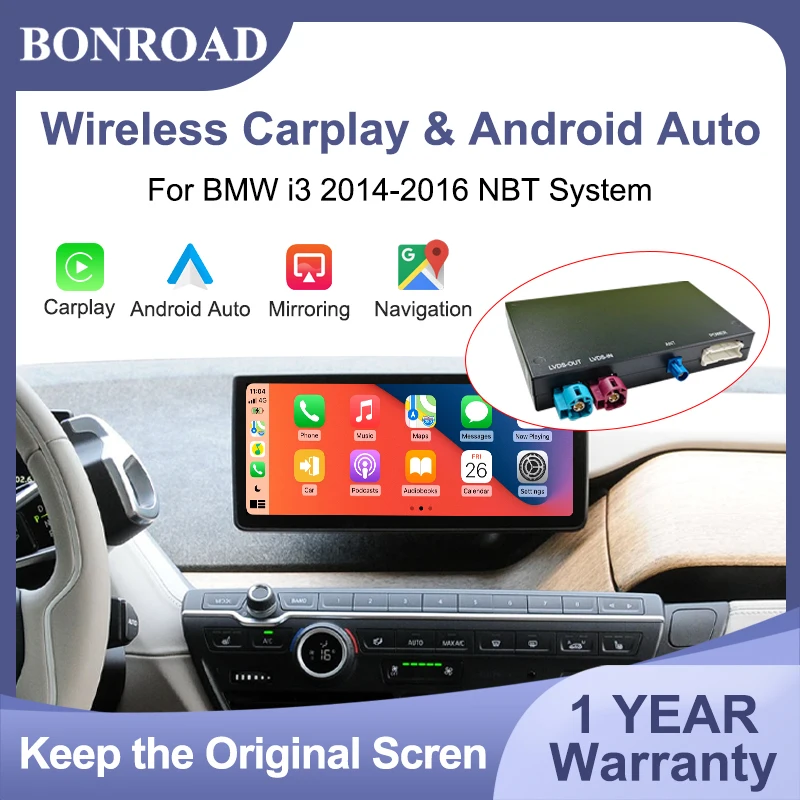 Interface de rétrofit sans fil CarPlay Android Auto BONROAD pour BMW i3 2014-2016 système NBT, module décodeur amélioré avec AirPlay Mirror Link, conserve le système d'origine d'usine