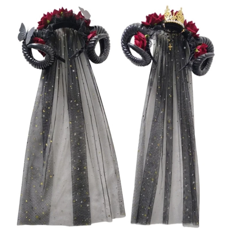 

New Punk Evil Horned Hairhoop with Veil for Cosplay Party Halloween Costume Hairband Day of the Death Rose Flower Headband