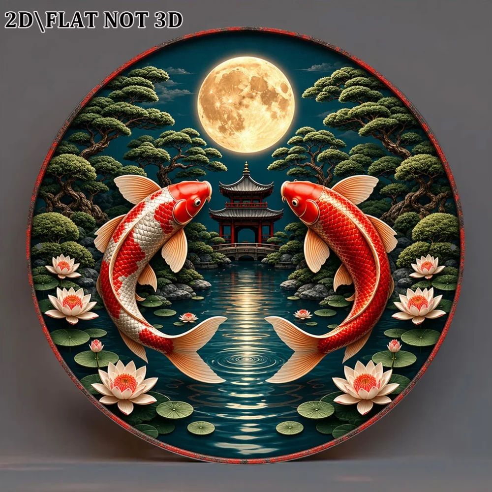 2D Flat Metal Sign Koi Pond Moon Night Japanese Garden Vintage Decor Plaque For Living Room Study Tea Room Gift view 2