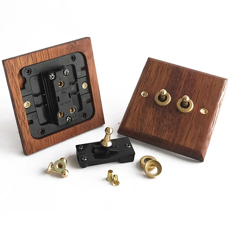 Black walnut wood retro British light switch socket, bedside wall lamp switch LED dimmer, pure wood brass toggle switch board