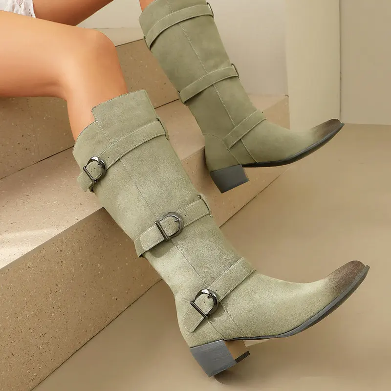 Wasteland Style Matte Western Cowboy Long Boots Square Toe Chunky Heel Three Buckle Sleeve Slimming Vintage High Women Boots