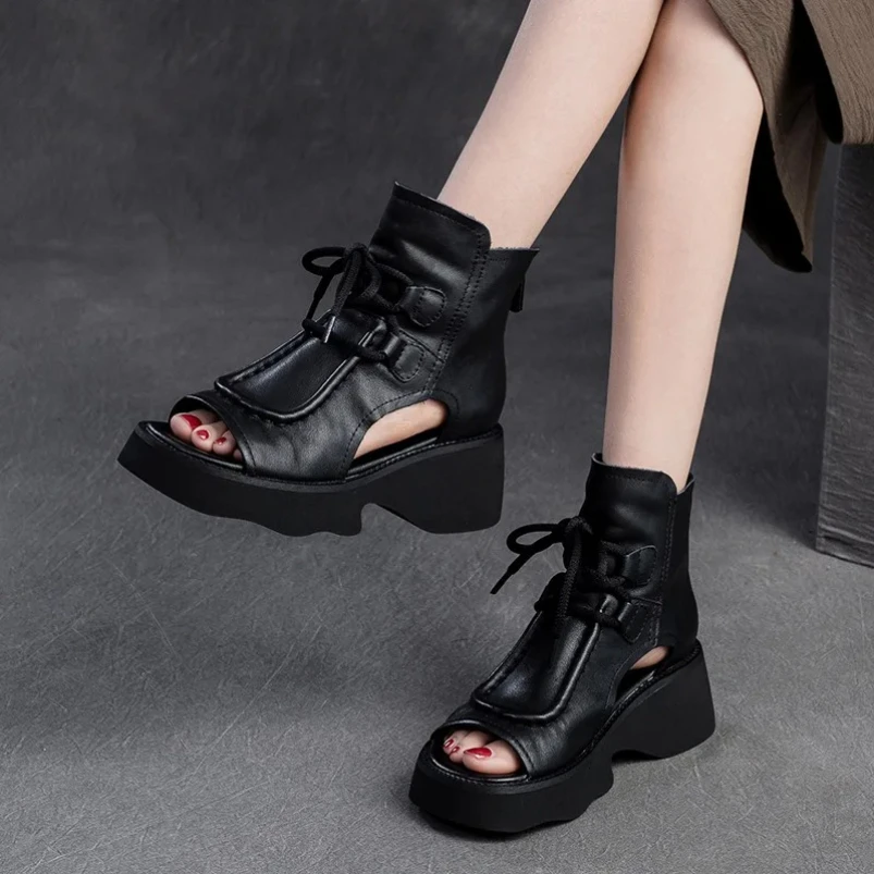 

2025 Fashion Summer Sandals Hollow Ankle Booties Motorcycle Shoes Genuine Leather Boots Chimney Women Peep Toe Moccasins