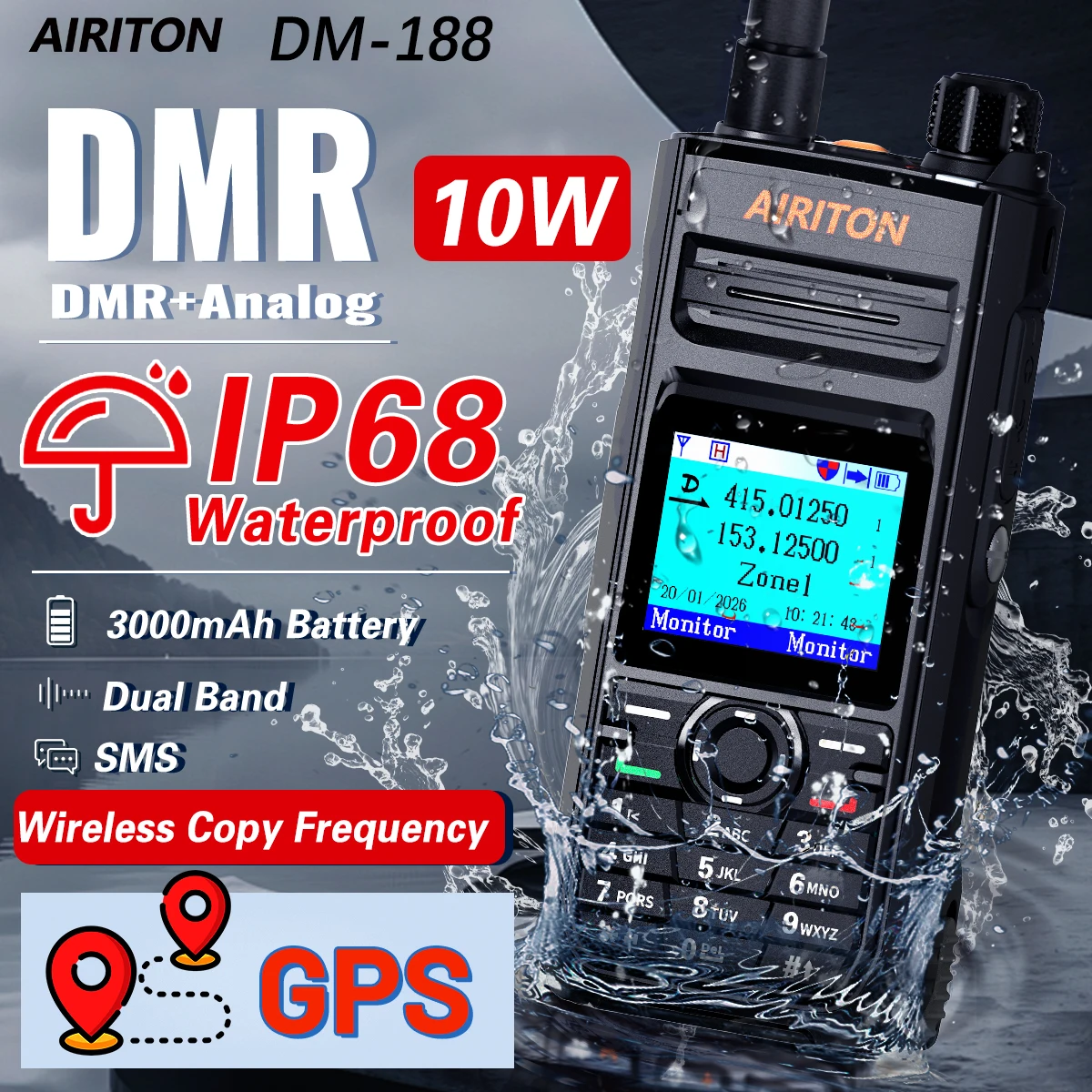 

Рация AIRITON DM-188, водонепроницаемая (IP68), с GPS, цифровая и аналоговая, DMR, двухрежимная, беспроводная, с функцией копирования частоты, двухсторонняя, для любительской радиосвязи