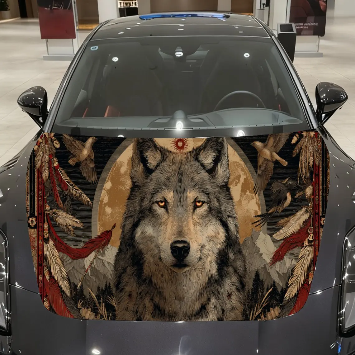 

Native American Wolf Auto Cover Sticker, Waterproof and Self-adhesive Auto Hood Decal, Auto Vinyl Wraps, Cool Car Exterior Decal