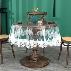 PVC Transparent Embroidered Lace Tablecloth with Drooping Soft Tablecloth Household Round Table TableclothTable Cloth Waterproof