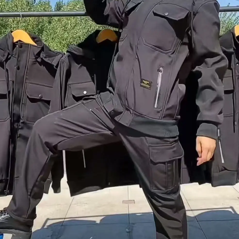 winter-fleece-lined-men's-workwear-two-piece-set-construction-site-resistant-to-wear-and-tear-micro-waterproof-windproof