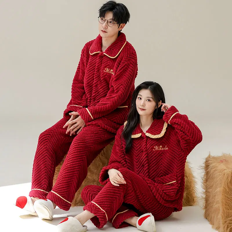 Wedding Pyjamas for Men and Women Autumn and Winter Thick Coral Velvet Red Autumn and Winter Warm Home Wear Can Be Worn Outside