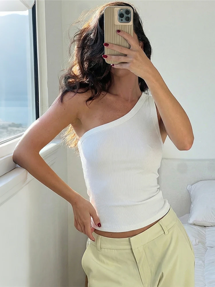 Kliou Ribbed Backless Tank Tops Woman Spring Trend Irregular Skew Collar Navel Exposed High Street Fashion Style Classic Vests