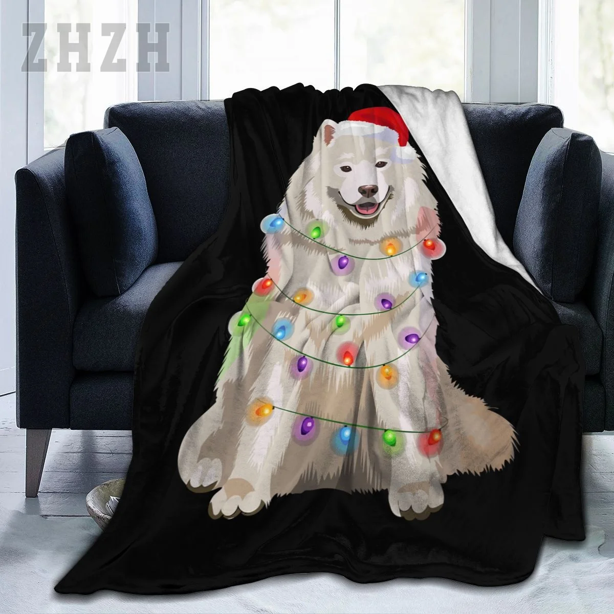 Blanket Samoyed Christmas Lights Xmas Dog Lover Santa Hat Flannel Multifunction Outdoor Camping Sofa Cover Keep Warm