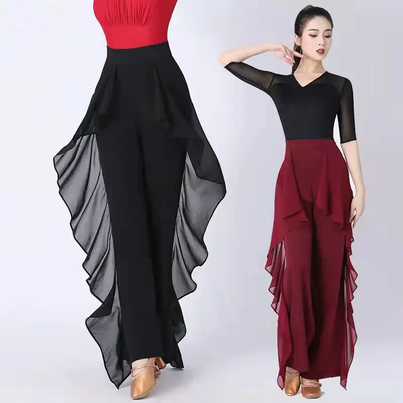 

Dance Wide Leg Pants Women High Waist Baggy Pants Ruffles Practice Pants Straight Trouser Solid Women's Clothing Trends New