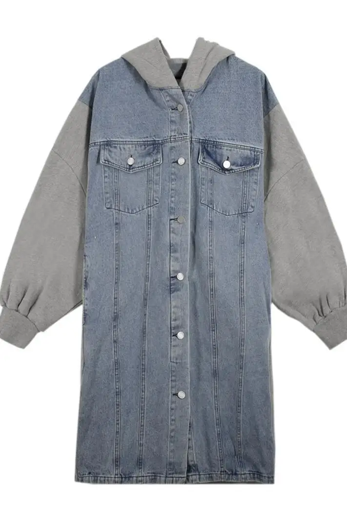 2022 Korean Long Trench Single Breasted Denim Patchwork Cap Coat Women Lazy Style Loose Long Sleeve Top Trench