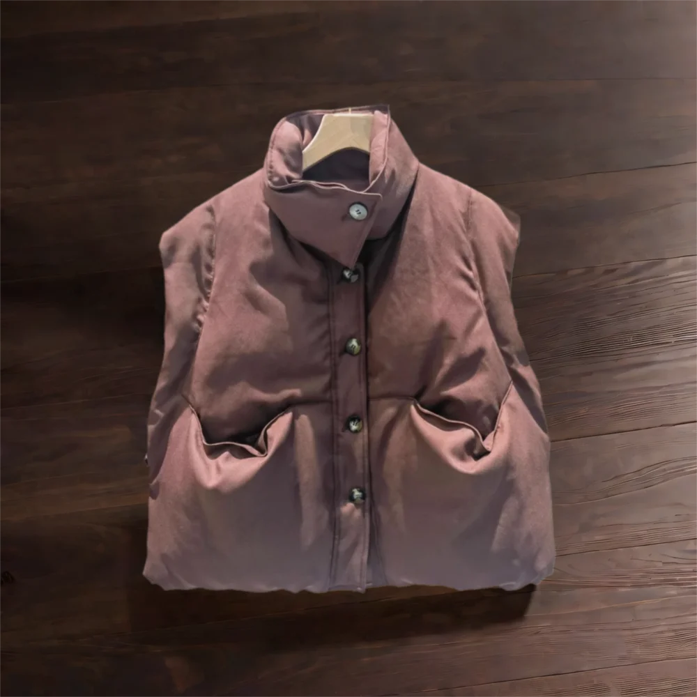 

Autumn Winter Stand Collar Loose Down Vest Female Single Breasted Quilted Waistcoat Tops Women White Duck Down Sleeveless Vest