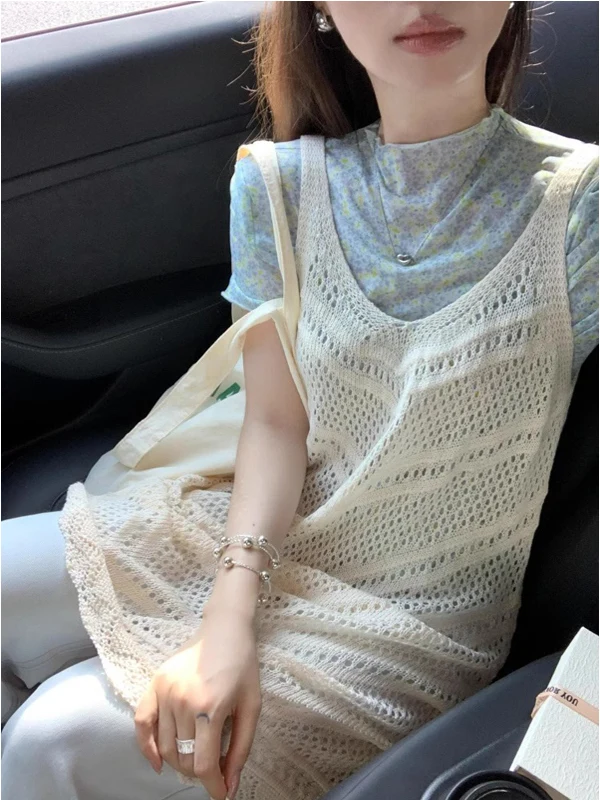 Summer 2025 Women's Fashionable Knitted Hollow out Strap Dress Midi Length Sun Protection Cover up High Waist A-Line Skirt