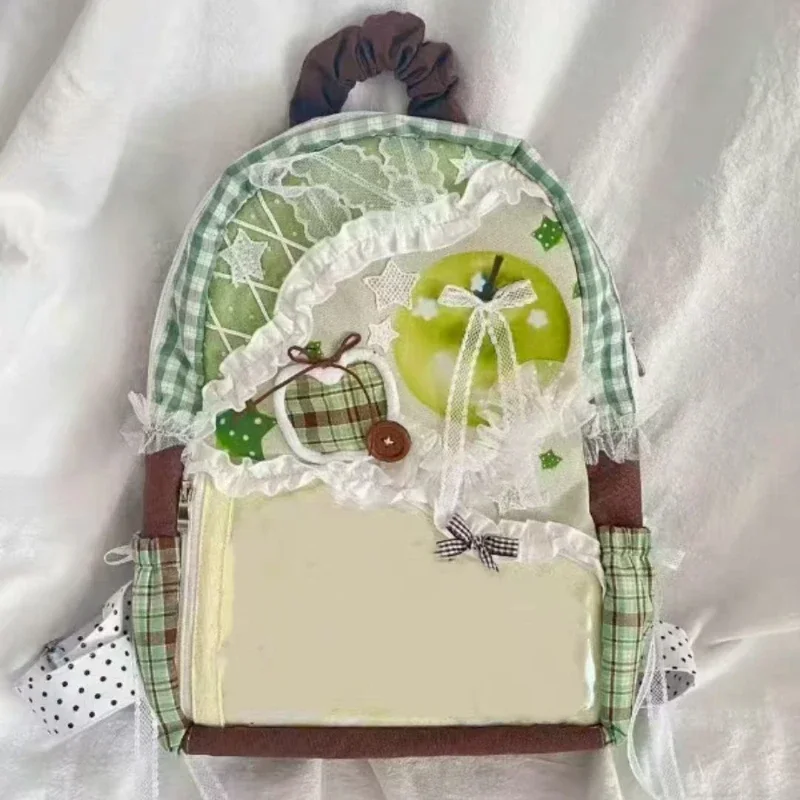 Transparent Y2k Sweet Bow Ita Bags Girls Kawaii Lace Patchwork Schoolbags Fashion Women Students Contrast Color Plaid Backpacks