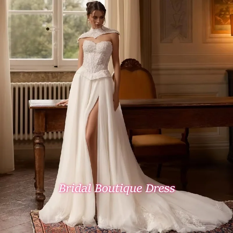 

Customized Spaghetti Straps Wedding Dresses A Line Sweetheart Neck Bridal Growns Applique Lace Sequined Slit Vestido de novia