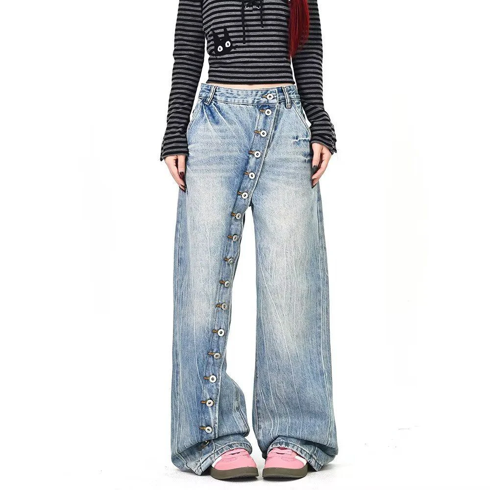 2026 Summer New Unisex Asymmetrical Denim Pants American Retro Fashion Trendy High Street Casual Loose Niche Neutral Bottoms