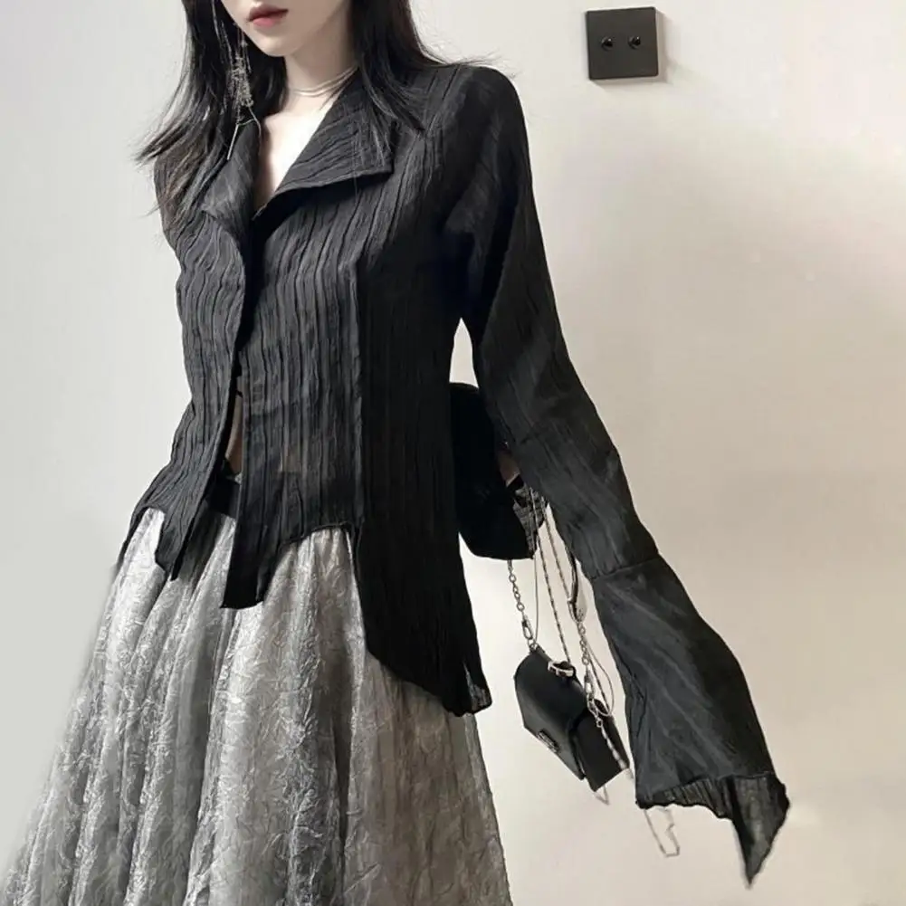 

Gothic Women Black Shirts Korean Dark Academic Female Designed Irregular Tops Spring Fashion Vintage Streetwear Lady Blouse