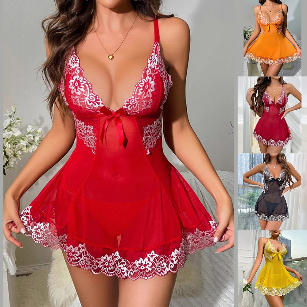 Women Sexy Erotic Lingerie Babydoll Dress Lace Mesh See-through Underwear Suspender Nightdress Adult Porn Costume Cross-border