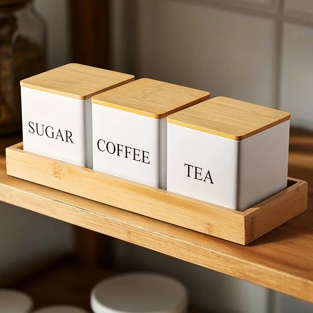 

3Pcs Tea Sugar Coffee Canister Sealed Tea Sugar Coffee Jar with Bamboo Lids Large Capacity Coffee Canister for Kitchen