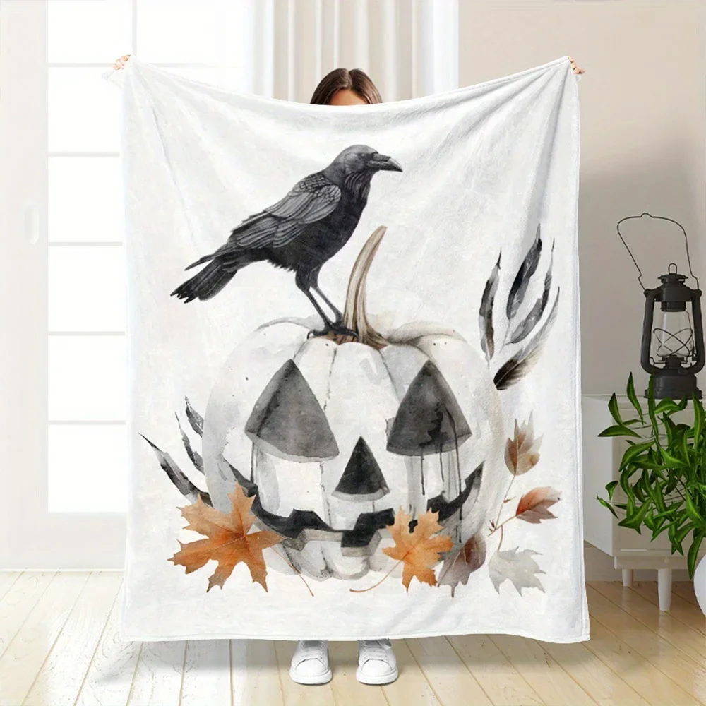1pc Black Crow on the White Pumpkin Halloween Holiday Decorative Blanket Lightweight Warm Blankets Living Room Sofa Bedding