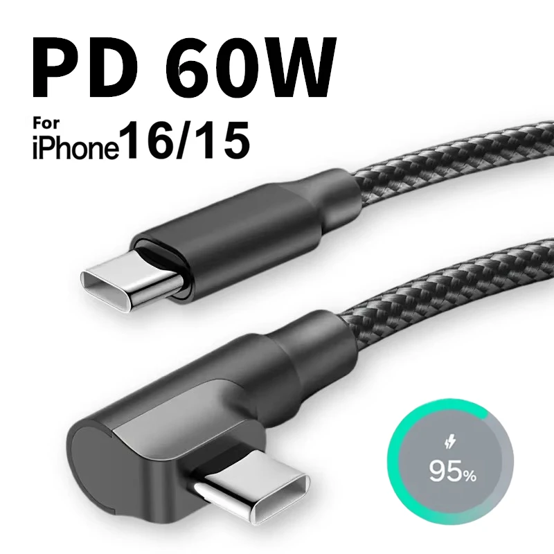 

90 Degree USB C to USB C Fast Charge Cable For iPhone 15 16 17 Pro Samsung Xiaomi Huawei Redmi Honor Type C Braided Elbow Cables
