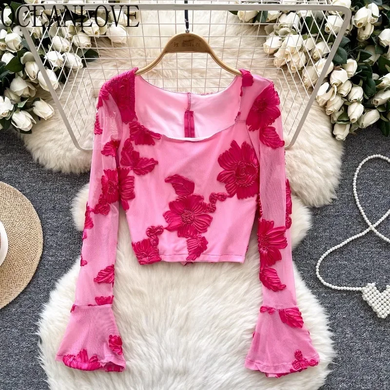 OCEANLOVE Y2k Vestiti Fiori T Shirt per le donne Collo quadrato Sexy Vintage Ropa De Mujer Moda coreana Manica svasata T-shirt corte