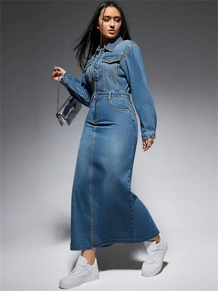 Wmstar Denim Dresss Women Sexy Button Bodycon Maxi Fashion Slip Hem Pockets Maxi Dressers Wholesale Dropshipping New Style