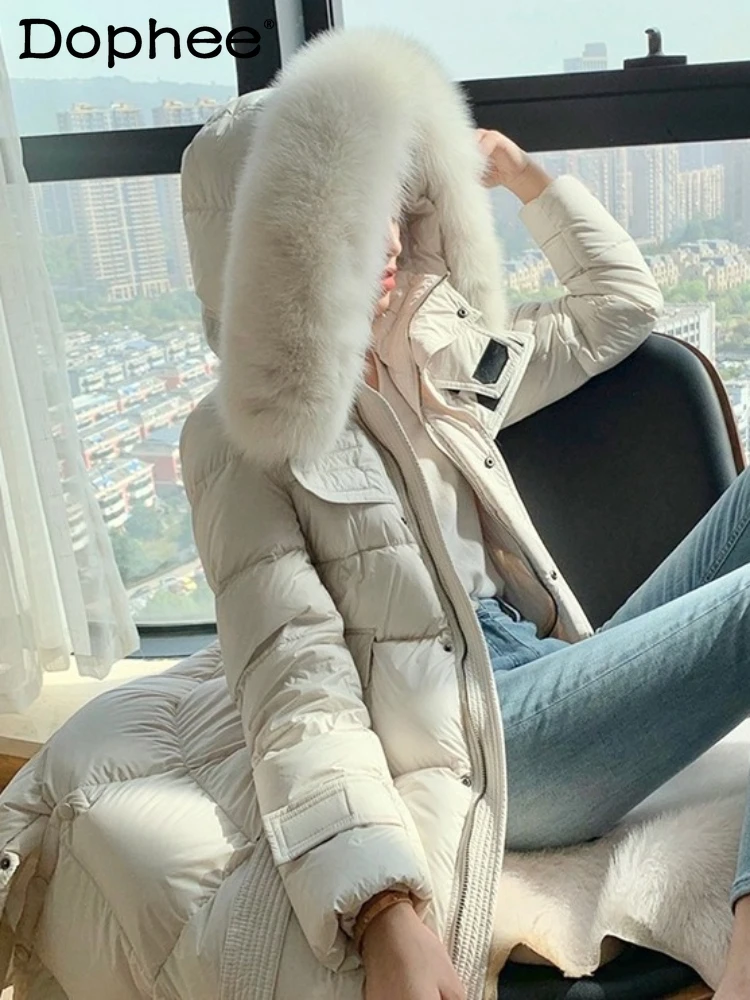 

High-End Fox Fur White Duck Down Thickened Cinched Slimming Hooded Long Below The Knee Down Jackets Women Winter Puffer Jacket