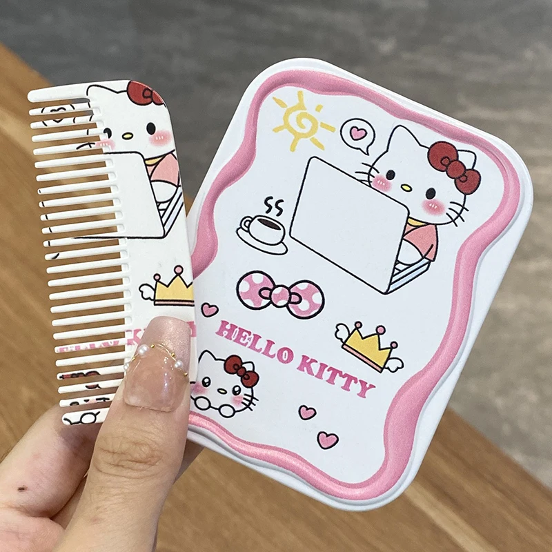 Sanrio Hello Kitty Mini składane lusterko do makijażu z grzebieniem Ins przenośne śliczne dla kobiet dziewczynki ręczne narzędzie do makijażu