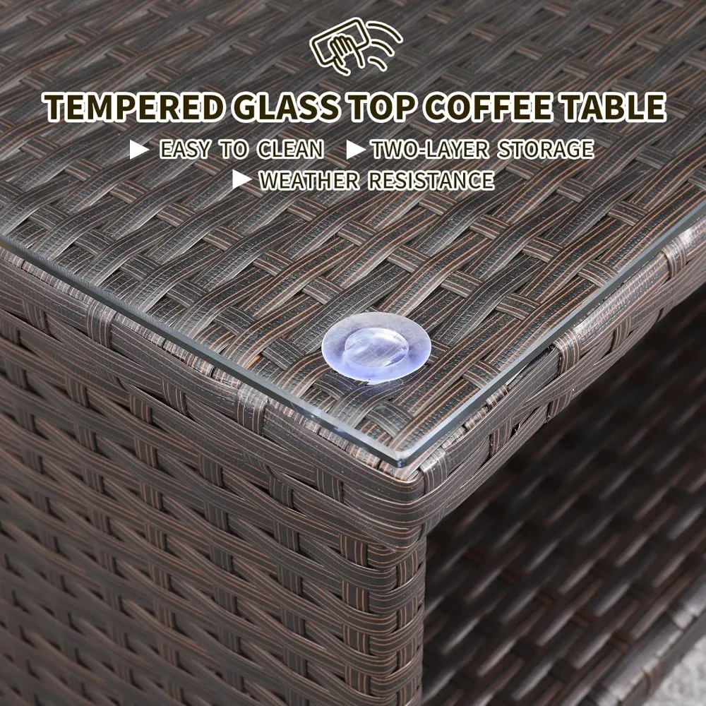 Outdoor PE Wicker Coffee Table - Patio Rattan Garden Side End Tea Table with Glass Top Furniture