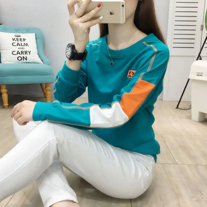 Fashion O-Neck Spliced Loose Korean Blouse Women\'s Clothing 2023 Spring New Casual Pullovers Long Sleeve All-match Shirt