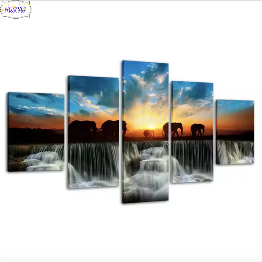 

5pcs 5D Diy Diamond Painting Waterfalls, elephants Full Round Square Drill Mosaic Wall Art Picture Home Decoration Birthday Gift