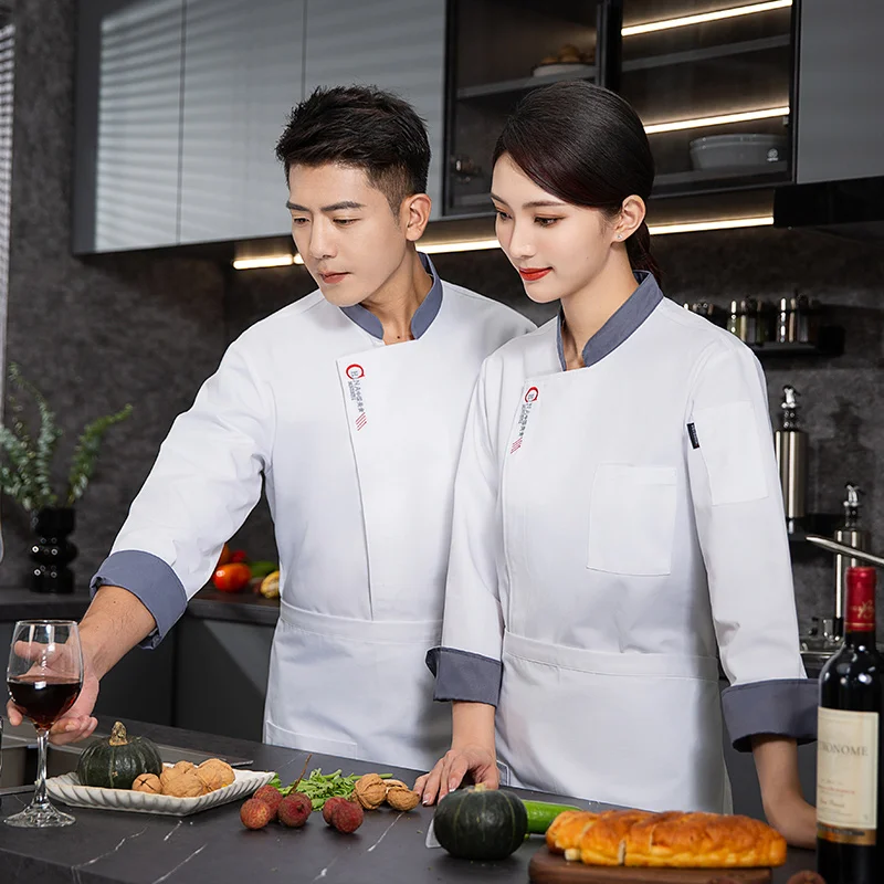 Men Long Sleeve Chef uniform Restaurant chef jacket with apron Cook Coat Chef T-shirt Work Uniform Waiter Hotel Clothes Logo