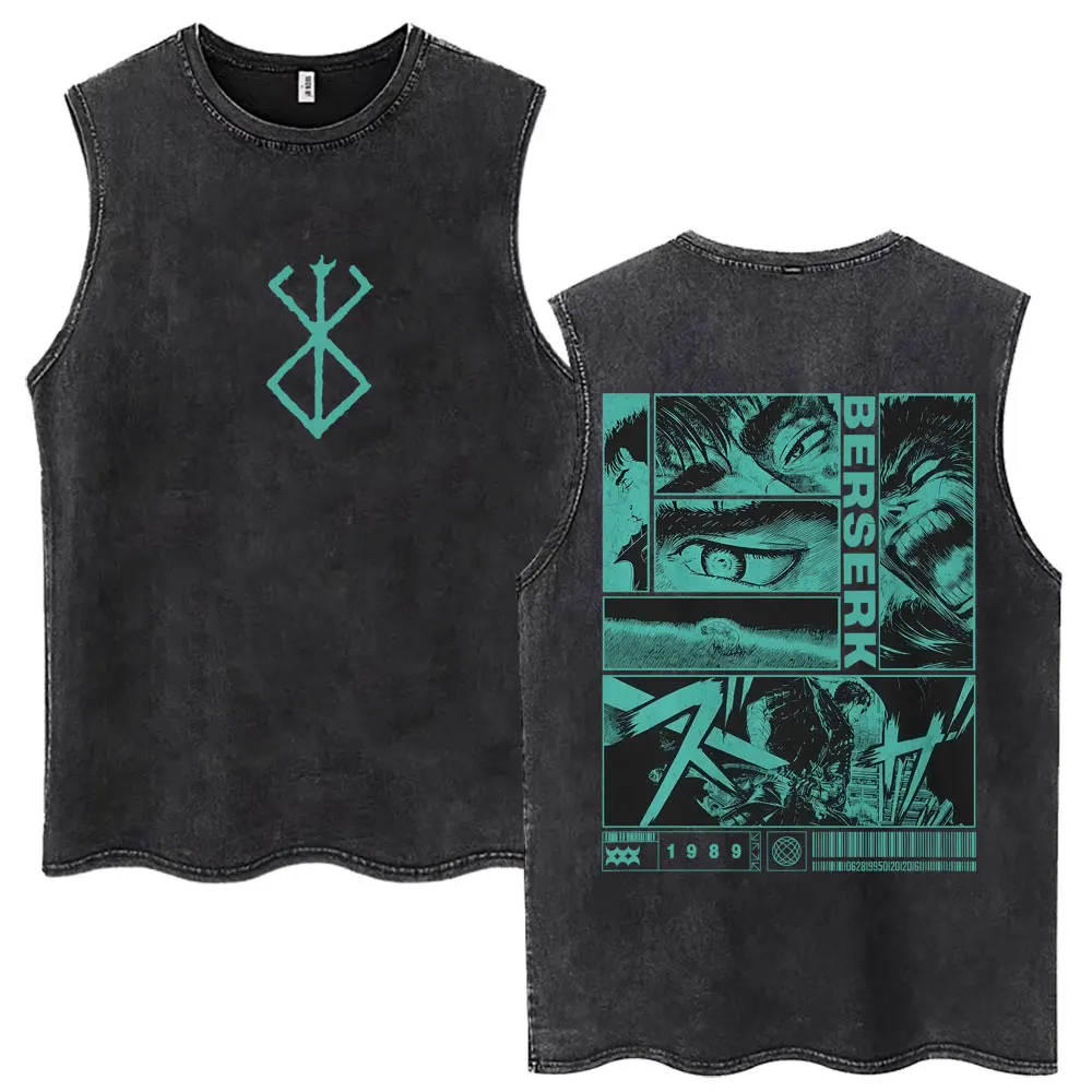 Camisetas sin mangas de anime Berserk Guts, estilo vintage Harajuku, con estampado de Espadachín Gatsu Sacrificando a Zodd, holgadas, 100% algodón, para hombre y mujer